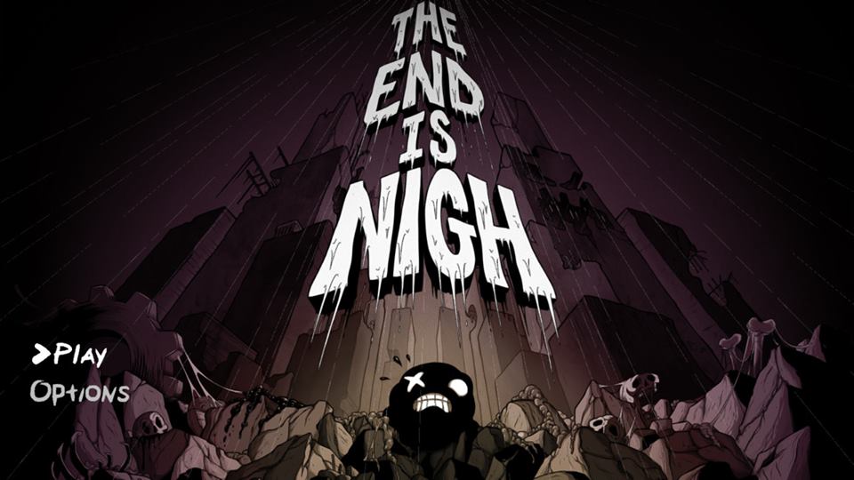 Intro screen for The End is Nigh game depicting the main character Ash standing among ruined buildings and rain